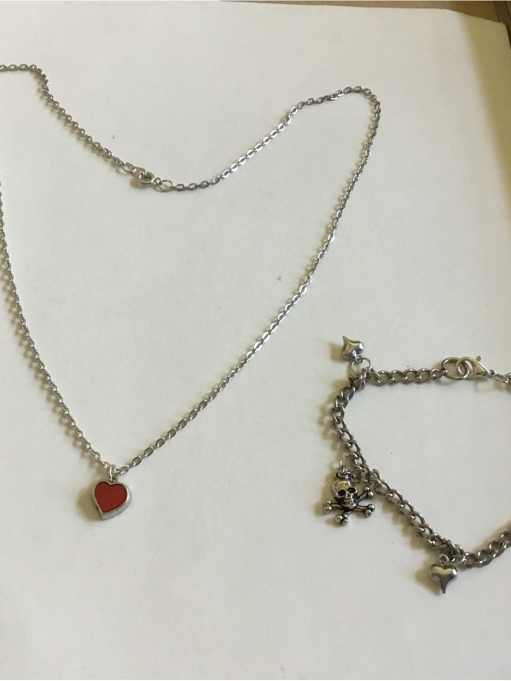 2 Pieces Silver-Tone Necklace with Red Heart Pendant & Hearts Charming Bracelet
